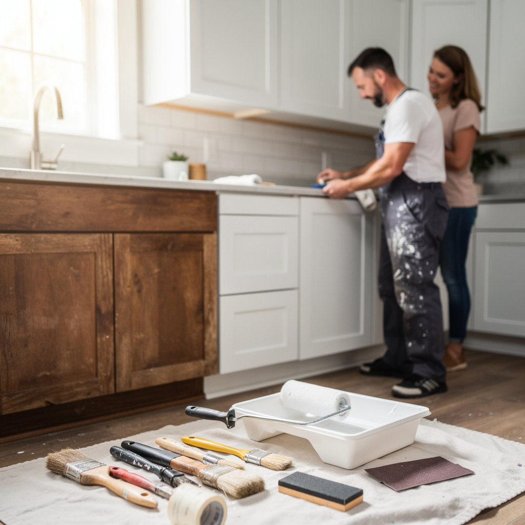 Manuel Ortiz Handyman Services cabinet painting transformation in Thousand Oaks, CA - before and after kitchen cabinet refinishing