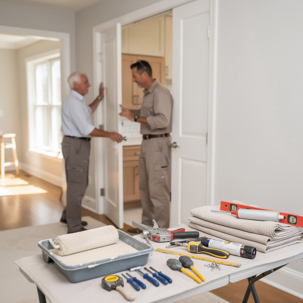 Manuel Ortiz Handyman Services professional tools and materials for cabinet painting and door installation in Thousand Oaks, CA